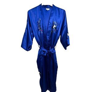 Rose Silk Women's Robe Kimono Asian Blue Embroidered Birds‎ XL